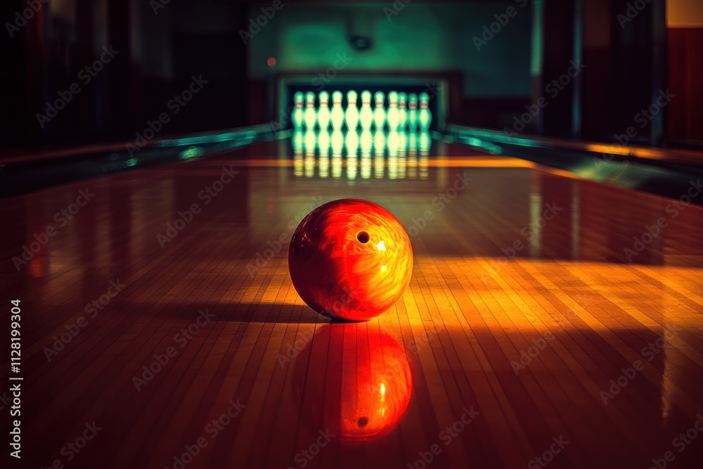 Poster a bowling ball rests on a polished lane, illuminated by soft lighting, ready for a game.
