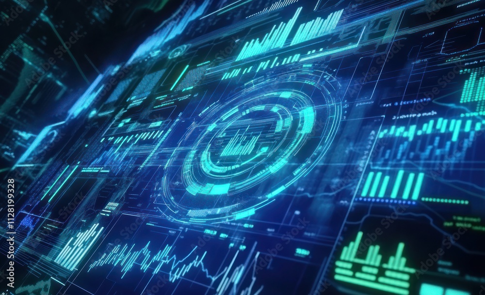 Poster A futuristic digital interface displaying data analytics and visualizations.