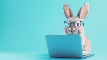 Close-up of cute rabbit with glasses working on a blue laptop against pastel blue background