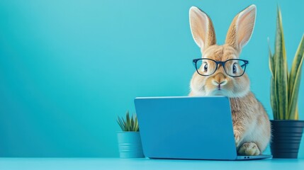 Close-up of cute rabbit with glasses working on a blue laptop against pastel blue background
