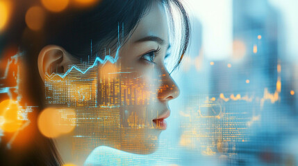 Young woman with digital overlay of financial data and analytics in a modern office setting, representing technology and innovation in business