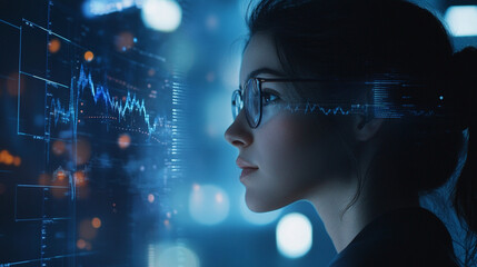 Young woman analyzing data trends on digital screen with futuristic interface focusing on graphs and technology in a modern environment