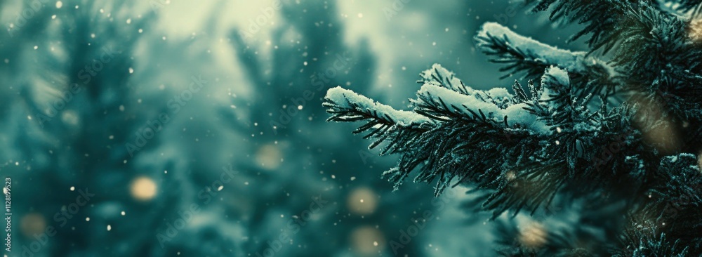 Poster a serene winter scene with snow-covered pine branches and soft falling snowflakes.