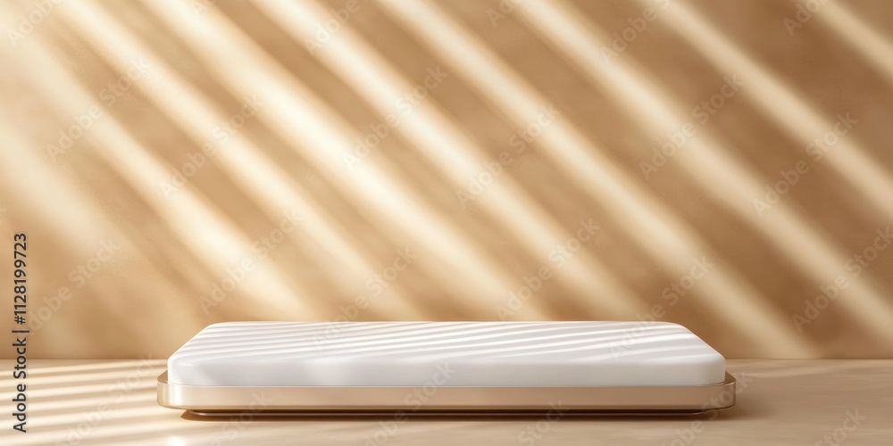 Poster a minimalist mattress on a wooden surface with soft lighting and shadows.