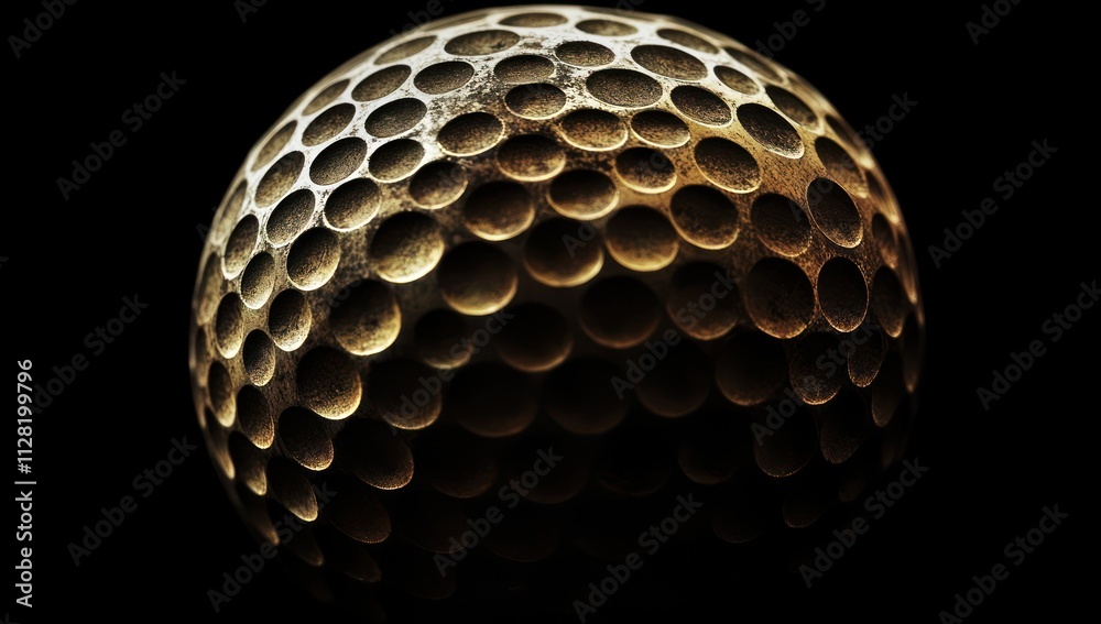Poster a close-up view of a textured golf ball showcasing its dimples and surface details.