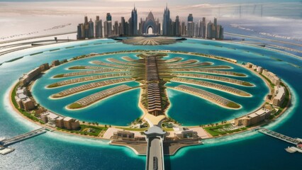 A beautiful city with a large palm tree in the middle