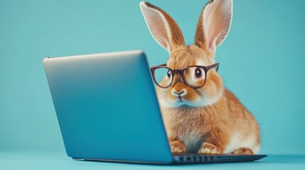 Close-up of cute rabbit with glasses working on a blue laptop against pastel blue background