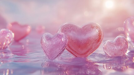 Obraz premium Pink Glass Hearts Resting On Icy Surface
