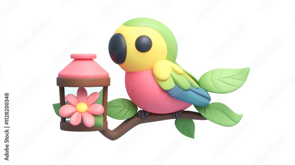 Poster a colorful cartoon bird perched on a branch with a flower and a lantern.