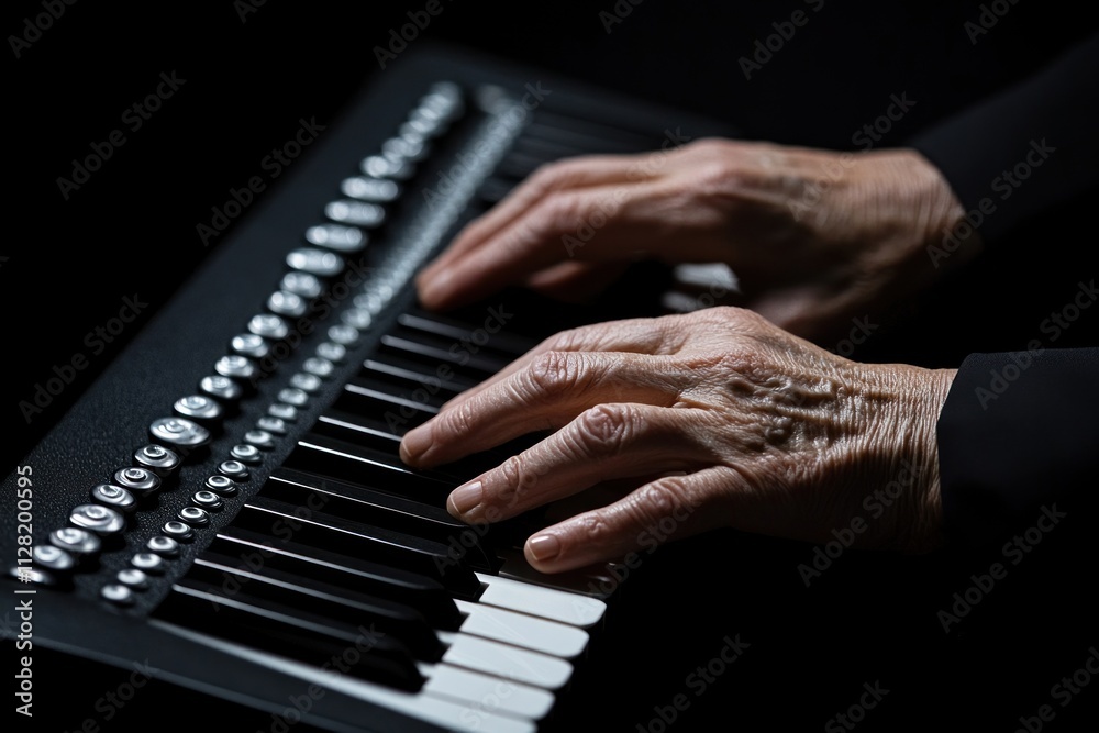 Poster close-up of hands playing a musical instrument with black and white keys.