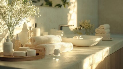 Luxurious bathroom setting with towels and skincare products