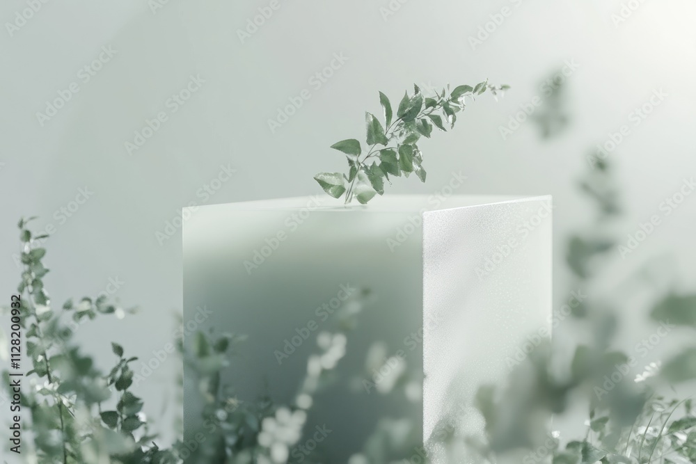Poster a minimalist scene featuring a cube with a plant sprouting from it amidst soft greenery.
