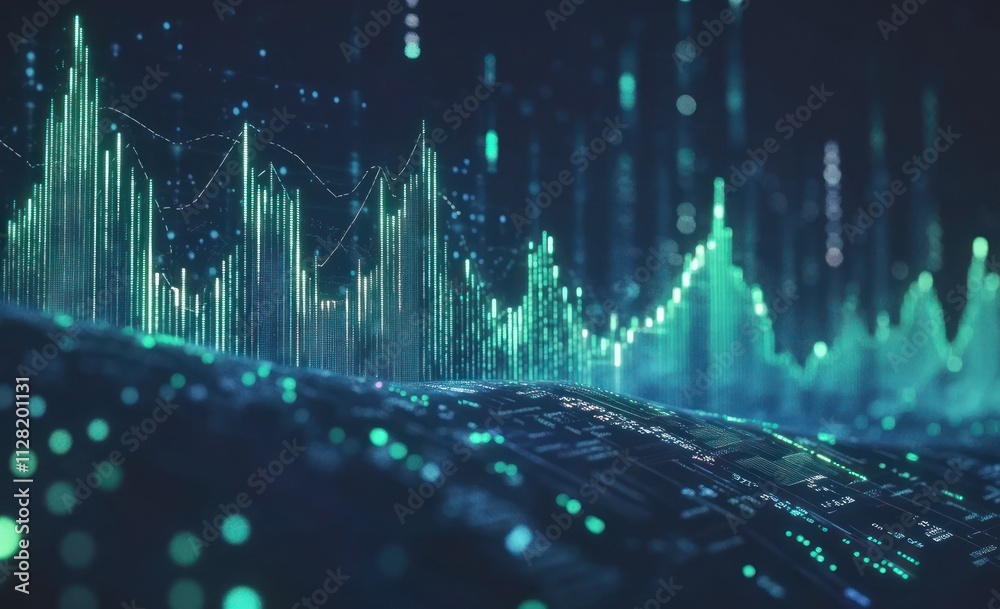 Fototapete Abstract visualization of data with glowing elements and wave patterns.