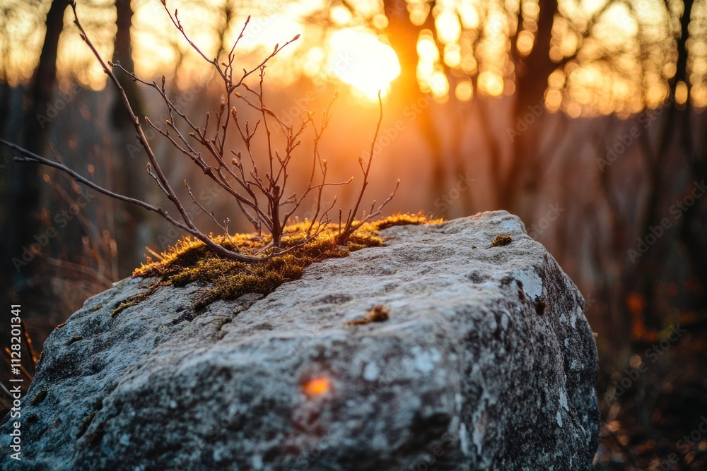 Poster a sunlit rock with a small branch and moss, set in a tranquil forest scene.