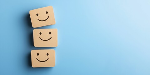 A creative and cheerful arrangement of three blocks featuring smiley faces against a soft blue background, representing happiness, positivity, and the simplicity of joy in design.