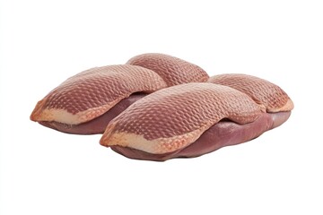 A close-up of two pieces of duck breast, showcasing their textured skin and rich color.