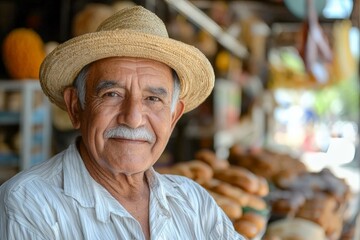 Fototapeta premium mexican male senior standing in front of a bakery