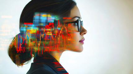 Abstract profile of a woman in glasses with digital data overlay representing technology, innovation, and data analysis in a modern environment