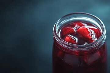 A vibrant jar filled with delicious strawberries in rich red juice. The colors create a striking visual appeal. Perfect for food and beverage photography. Generative AI