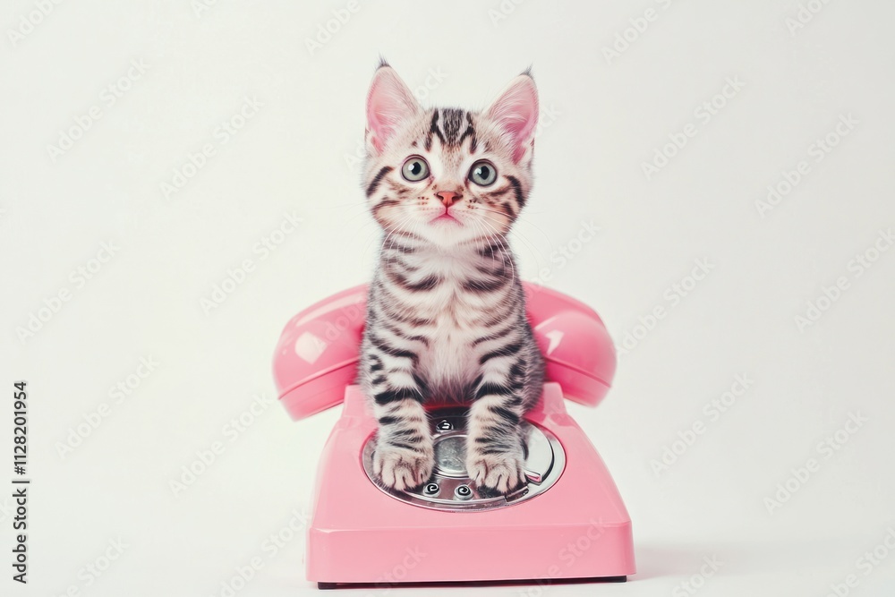 Poster A playful image of a kitten sitting on a pink rotary phone.