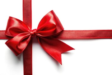 Red Christmas Ribbon Bow, Vertical Corner Border Frame, Festive Holiday Decoration, Isolated White Background