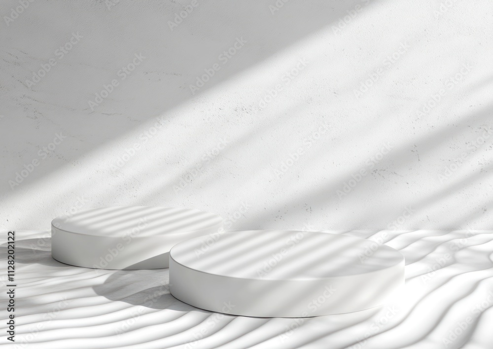 Leinwandbilder Minimalist scene with two circular platforms and soft shadows on a textured surface.