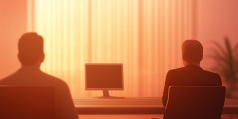 Silhouettes of two individuals in a warm office backdrop suggest an important business meeting or discussion, highlighting professional interaction and teamwork in a modern setting.