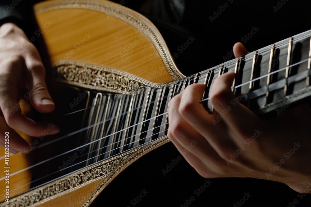 Poster A close-up of hands playing a stringed instrument, showcasing musical artistry and craftsmanship.
