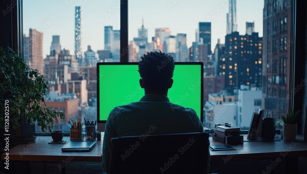 Aufkleber a person sits at a desk, facing a computer screen with a city skyline in the background.