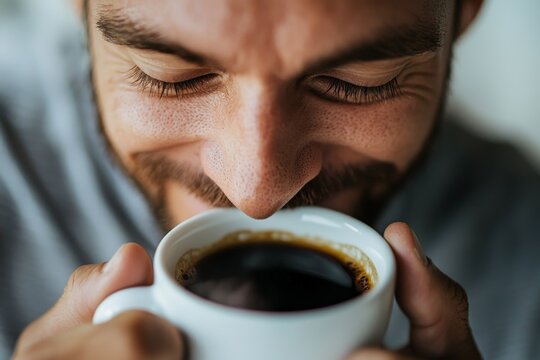 smiling man is drinking his morning coffee in his kitchen