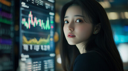 Fototapeta premium Young Woman Analyzing Stock Market Trends with Graphs and Data Visualizations in Modern Financial Trading Environment