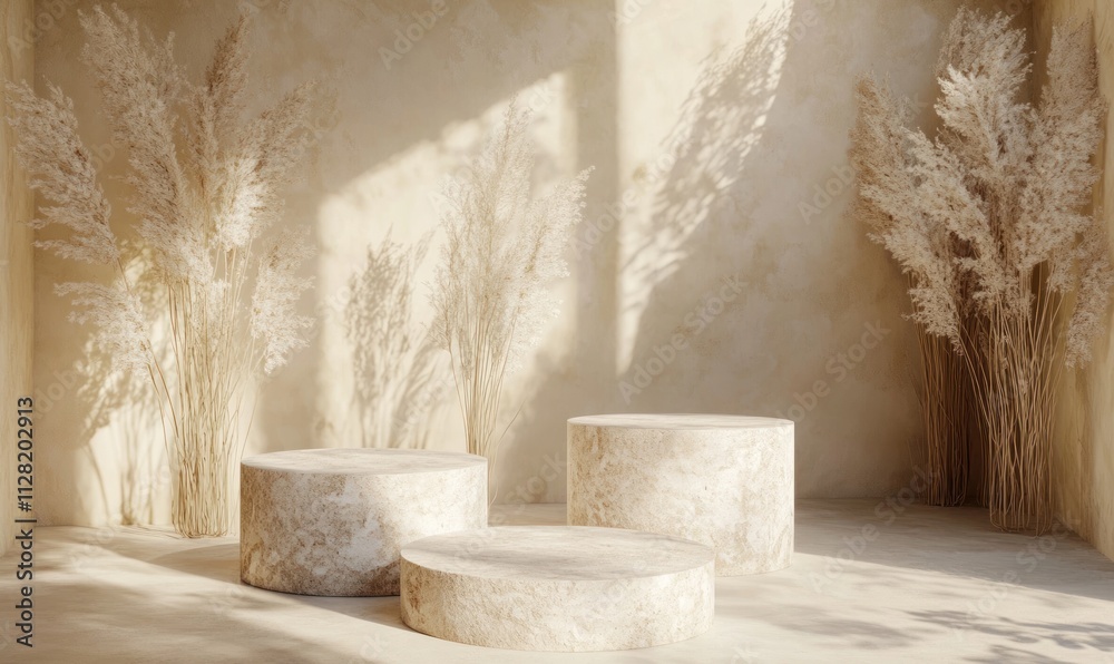 Poster a serene interior with circular stone tables and dried plants, creating a tranquil atmosphere.