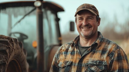 a smiling middle aged farmer standing next to a tractor on a field