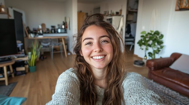 smiling young woman is taking a selfie on her new apartement