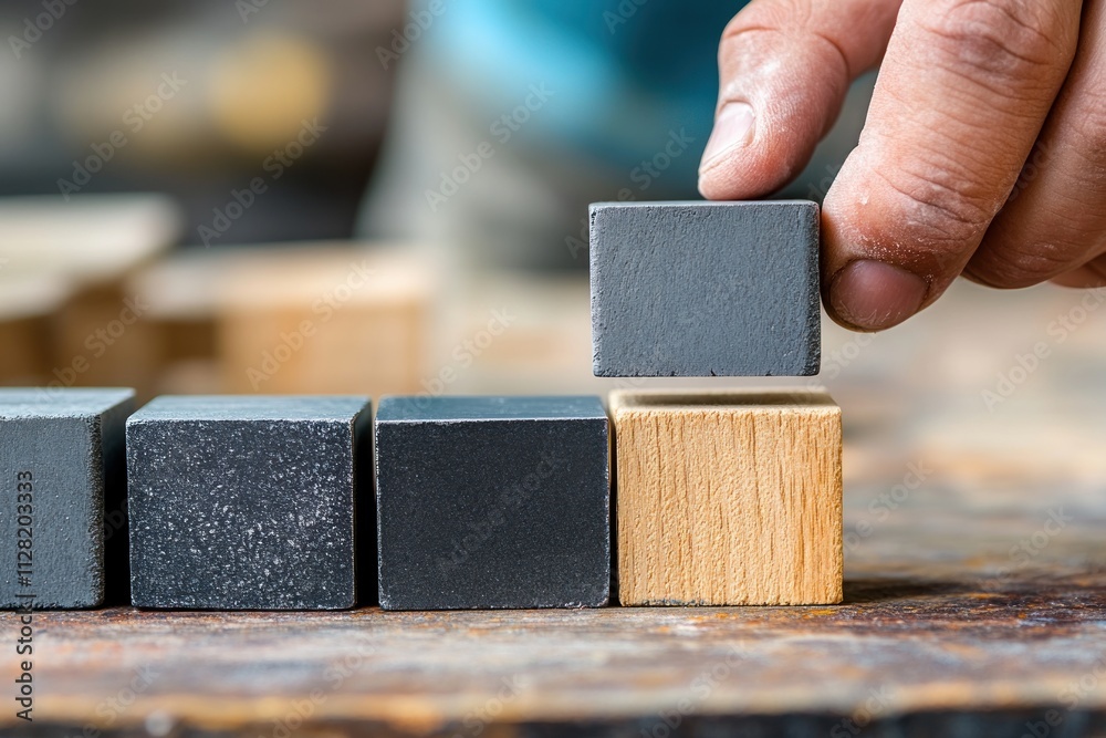Poster a hand places a gray block on a stack of wooden and black blocks, showcasing color and texture.