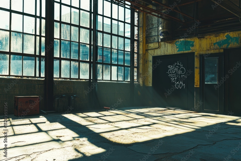 Poster Sunlight streams through large windows in an industrial space with graffiti and shadows.