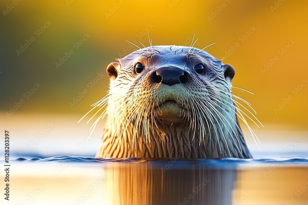 Poster a close-up of an otter's face emerging from water, illuminated by a warm background.