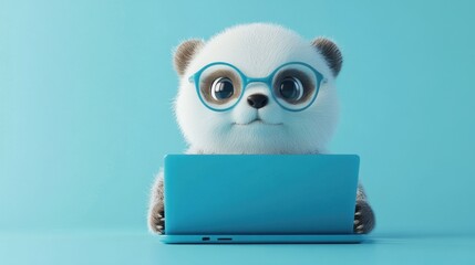 Close-up of cute panda-otter hybrid with glasses working on a blue laptop against pastel blue background