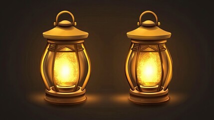 Gold colored lantern icon flat design template and glowing inside the lantern.