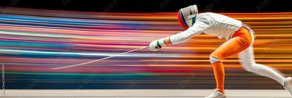 Poster a fencer in motion, showcasing speed and agility against a colorful blurred background.