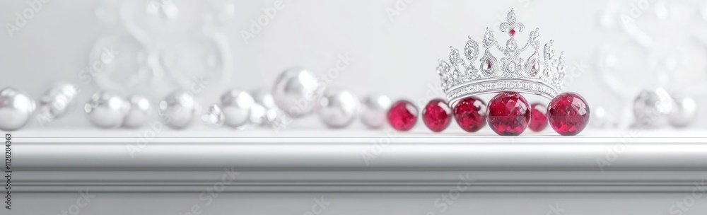 Poster a decorative crown with red and silver elements displayed on a white shelf.