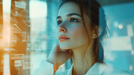 Thoughtful woman gazing out a window, reflecting on future goals with digital interface and charts in backdrop, representing modern business and technology concepts