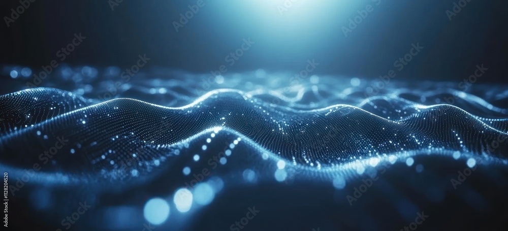 Leinwandbilder abstract digital landscape with glowing waves and particles, representing data and technology.