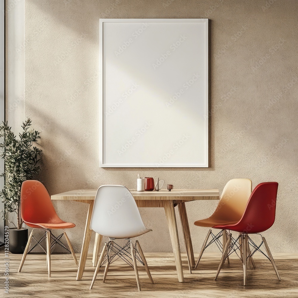 Poster a modern dining area featuring a round table and colorful chairs against a textured wall.