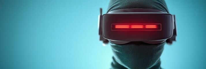 Fototapeta premium A captivating image of a person wearing a futuristic virtual reality headset, with a striking red glow, embodying the essence of technology and immersive experiences.