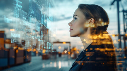 Young Professional Woman Looking at Digital Interface with Data Visualization Over City Landscape at Dusk