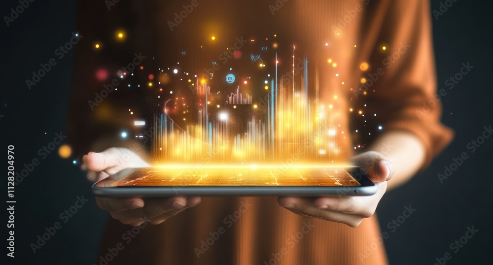 Poster A person holds a tablet displaying vibrant digital data visualizations and graphics.