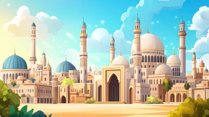 Naklejka premium Islamic City Urban landscape with traditional buildings on cartoon background with architectural objects.