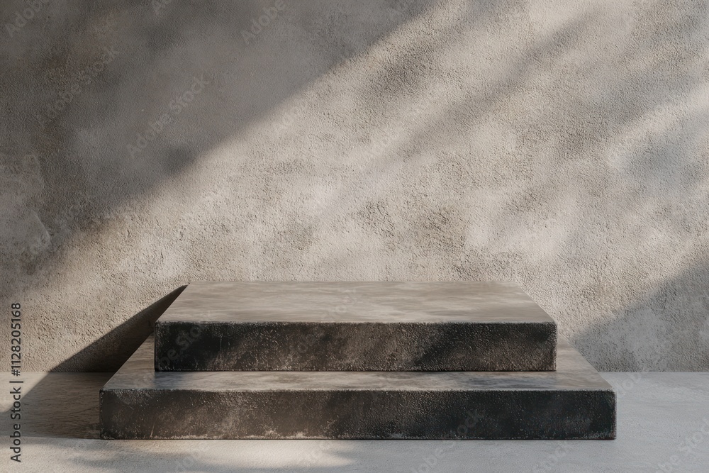 Poster a minimalist display featuring two stacked concrete platforms against a textured wall.