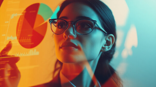 Professional woman analyzing data and graphs with digital overlays in modern workspace, showcasing business insights and decision-making processes creatively